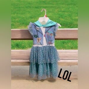 LOL surprise girls hooded teal dress with ruffles layers tulle skirt sz m (7/8)